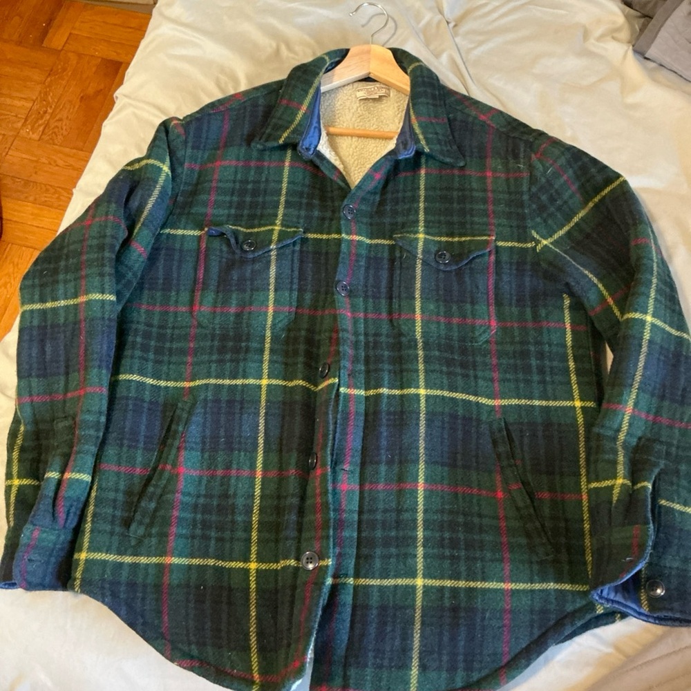 J CREW Wallace & Barnes Mens Large Green Plaid Sherpa Wool Shirt Jacket